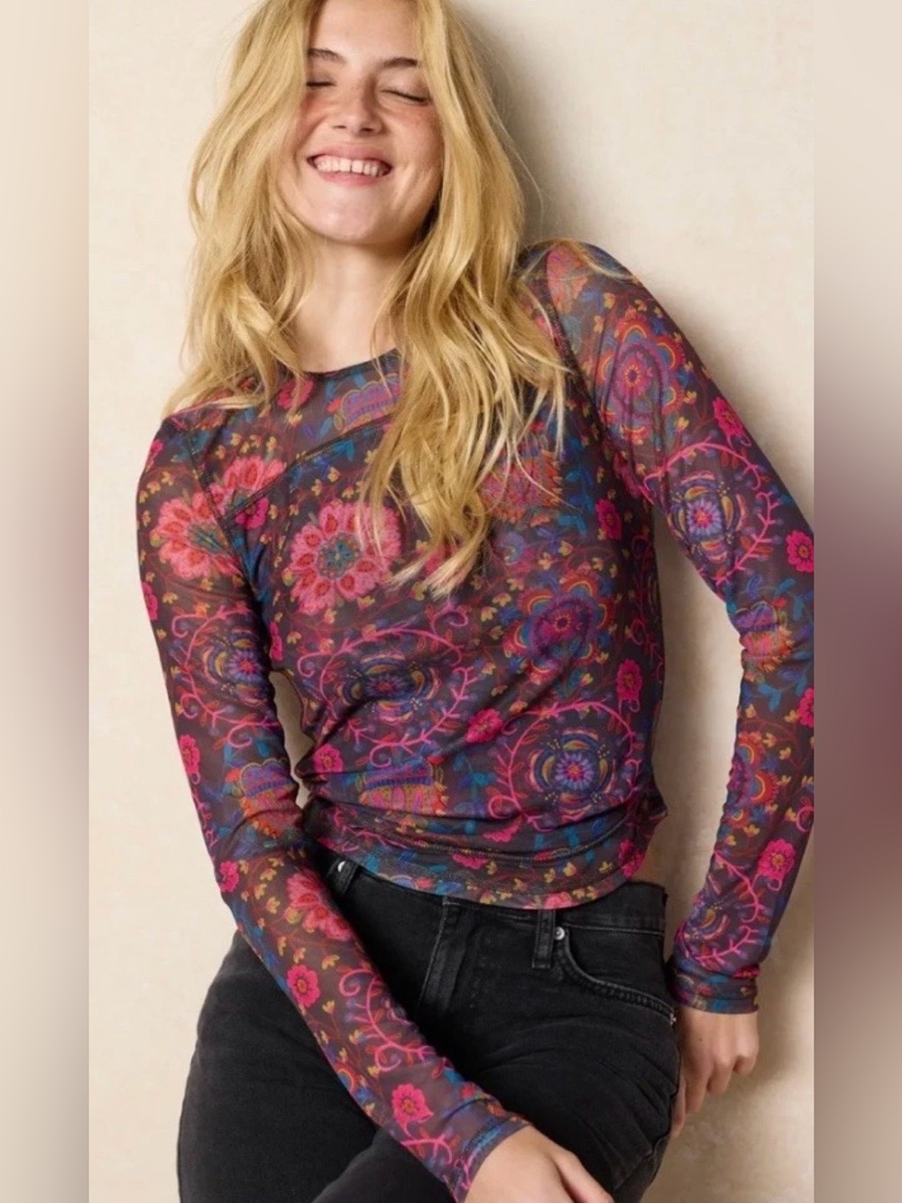 NATURAL LIFE NWT Sloane Mesh Top Enchanted Blooms Boho Long Sleeve Size Small